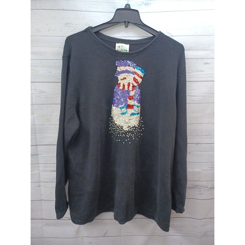 The Quacker Factory Christmas Black Sweater Snowman 3X Sequined